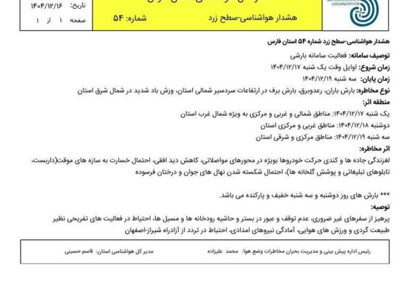 هشدار هواشناسی سطح زرد اداره هواشناسی فارس صادر شد