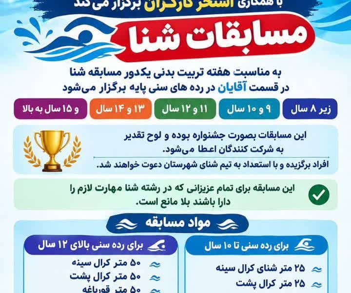 برگزاری مسابقات شنا در شهرستان آباده به مناسبت هفته تربیت‌بدنی و ورزش